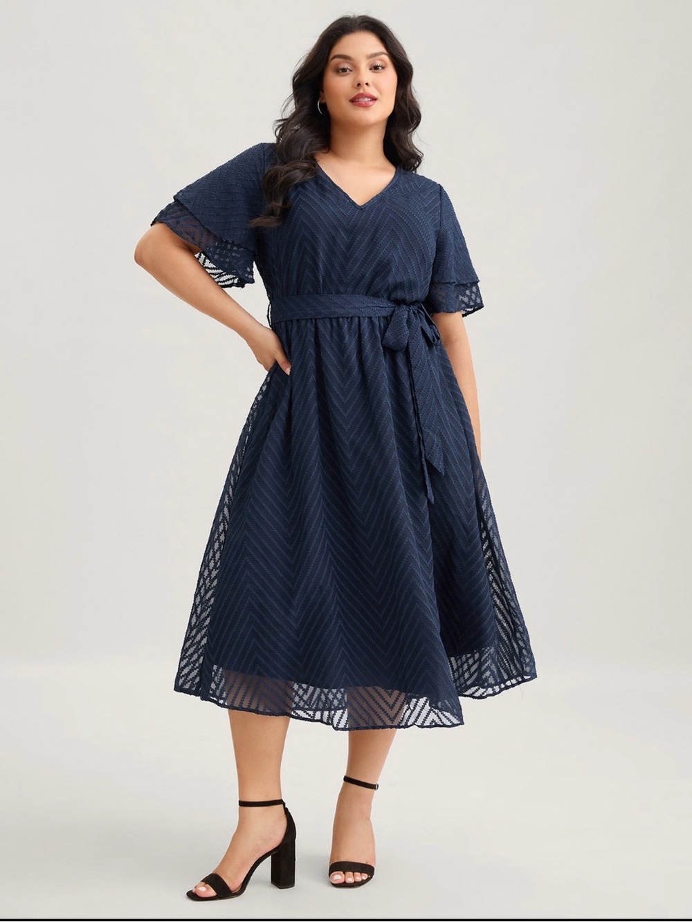 BloomChic Navy Chevron-Overlay V-Neck Midi Dress